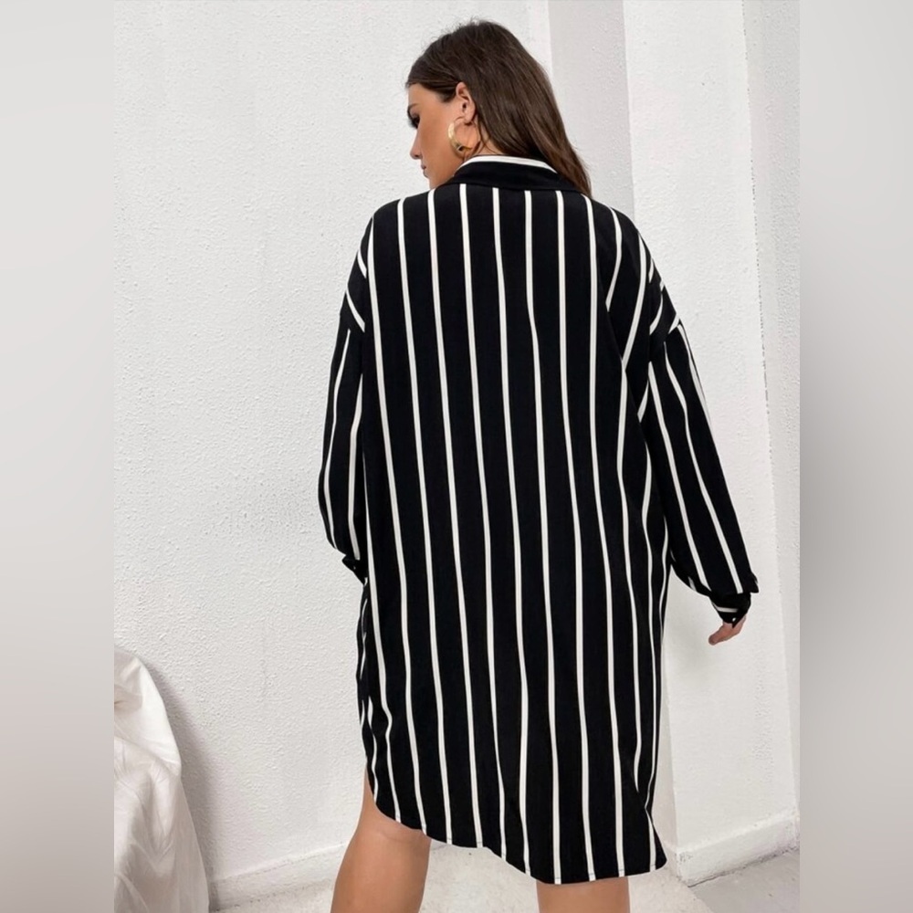 SHEIN Curve Black and White Striped Long Sleeve Button Down T-Shirt Dress - Picture 11 of 12
